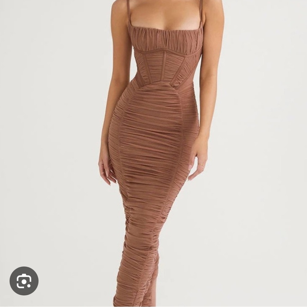 House of CB brown ruched floor length dress